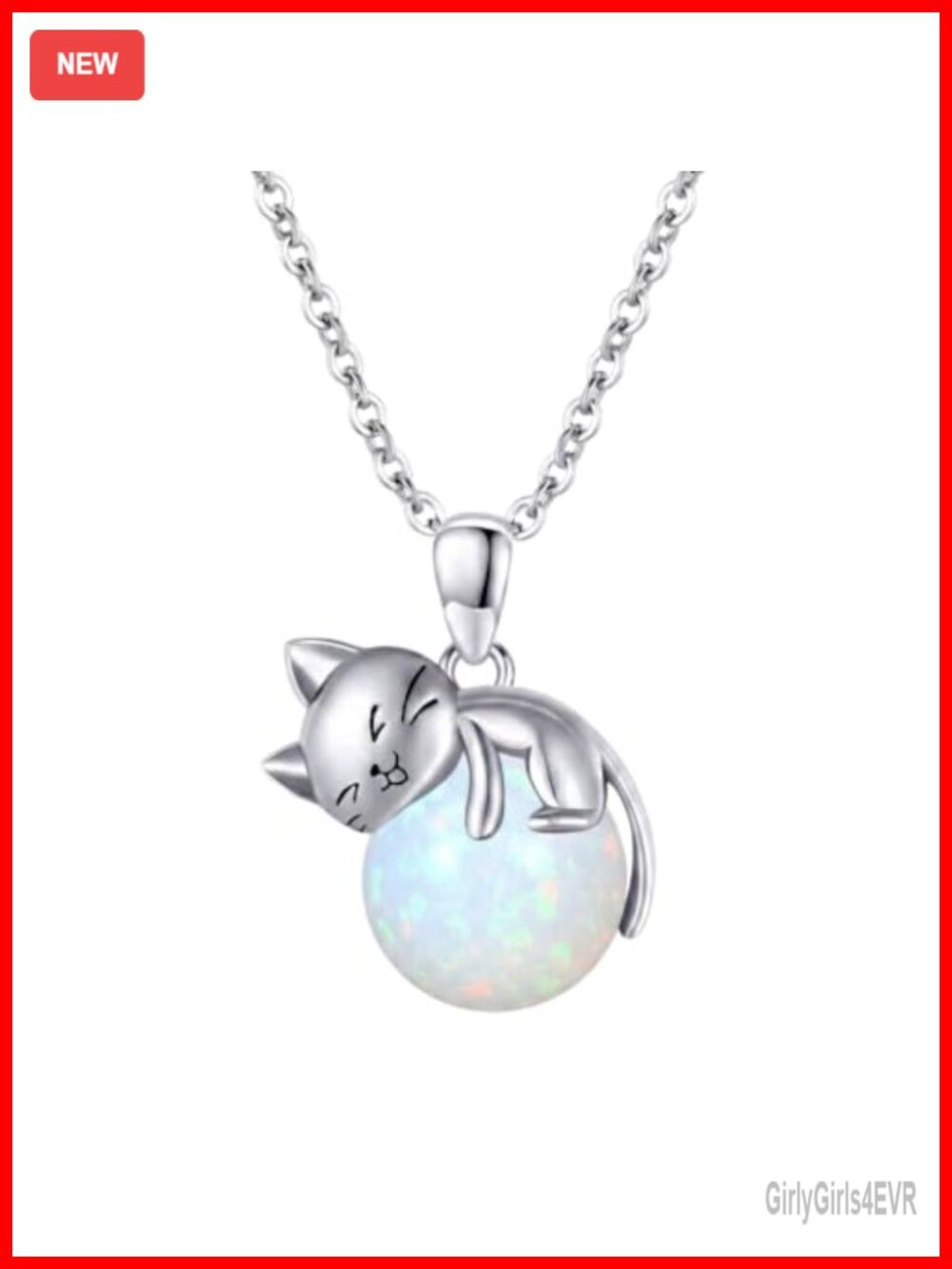 925 Sterling Silver Cat Necklace Opal Birthstone Pendant 18"